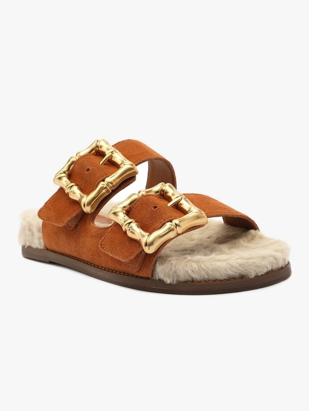 SCHUTZ Enola Sherpa Suede Lined Tan and Black Leather Sporty Slide Sandal